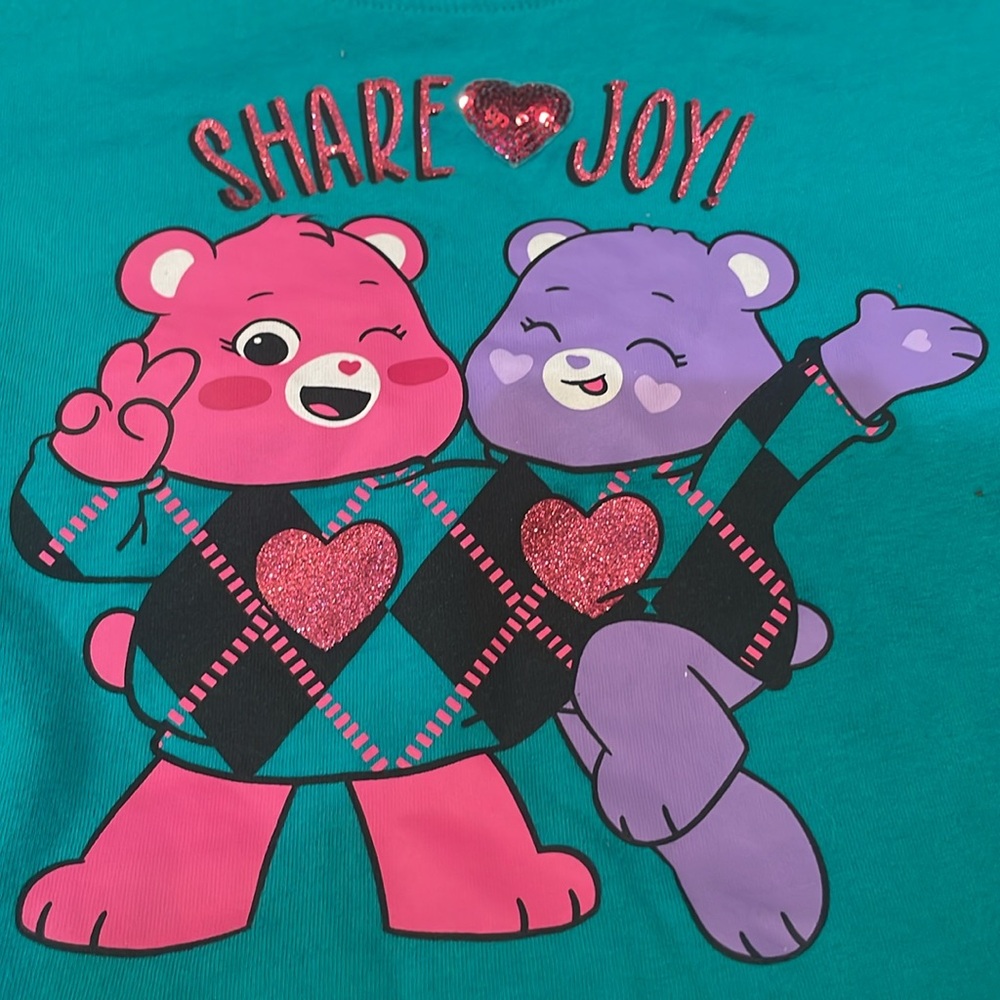Care Bears long sleeve top share joy hearts glitter purple pink green girls 5